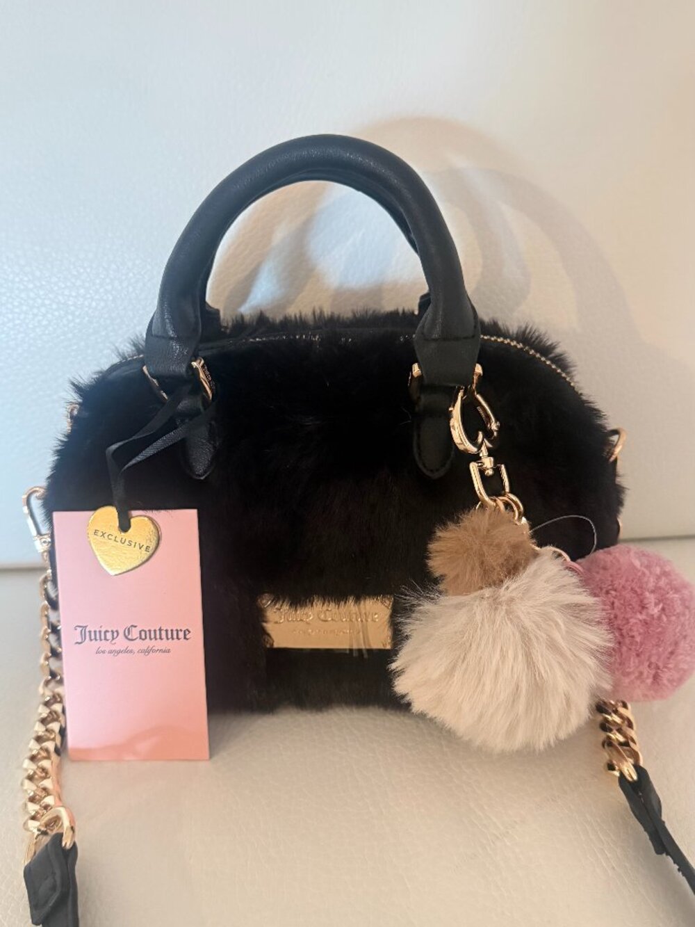 NWT JUICY COUTURE DREAMY DIVAS MINI SATCHEL CROSSBODY BAG BLACK FAUX FUR W CHARM